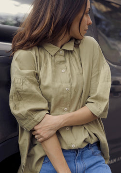 Cămașă femei din muselină dublă de bumbac - Neotine Olive Gray