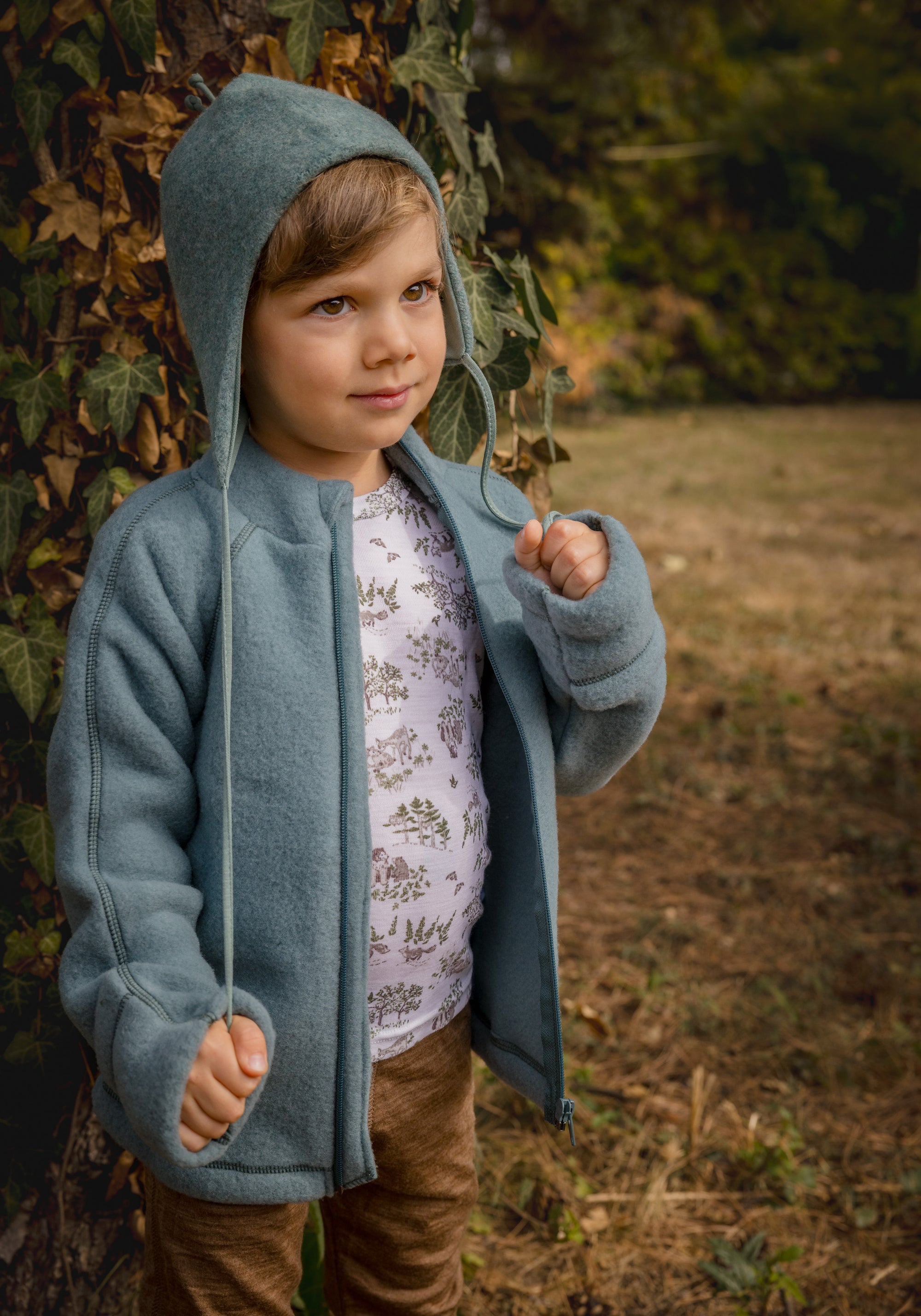 Jachetă fleece cu mănuși din lână merinos - Balsam Green