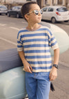 Tricou bumbac - Extrafin Stripe Ecru/Washed Indigo