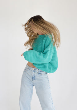 Pulover Chunky tricotat femei din bumbac - Aqua