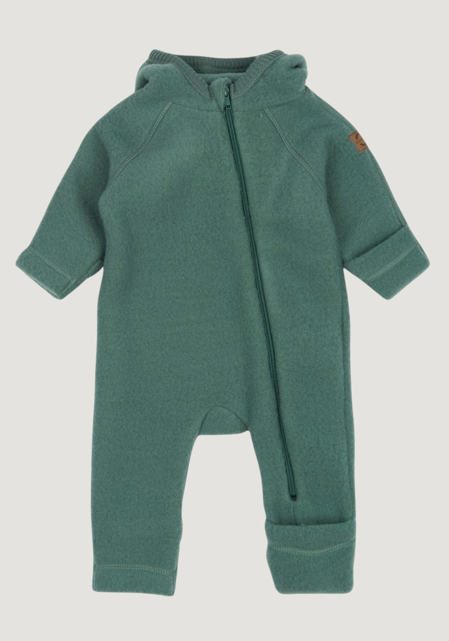 Salopetă cu mănuși și botoși fleece din lână merinos - Teddy Bear Balsam Green