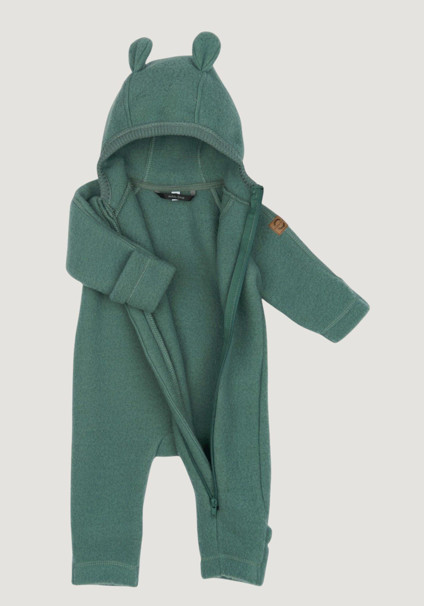 Salopetă cu mănuși și botoși fleece din lână merinos - Teddy Bear Balsam Green