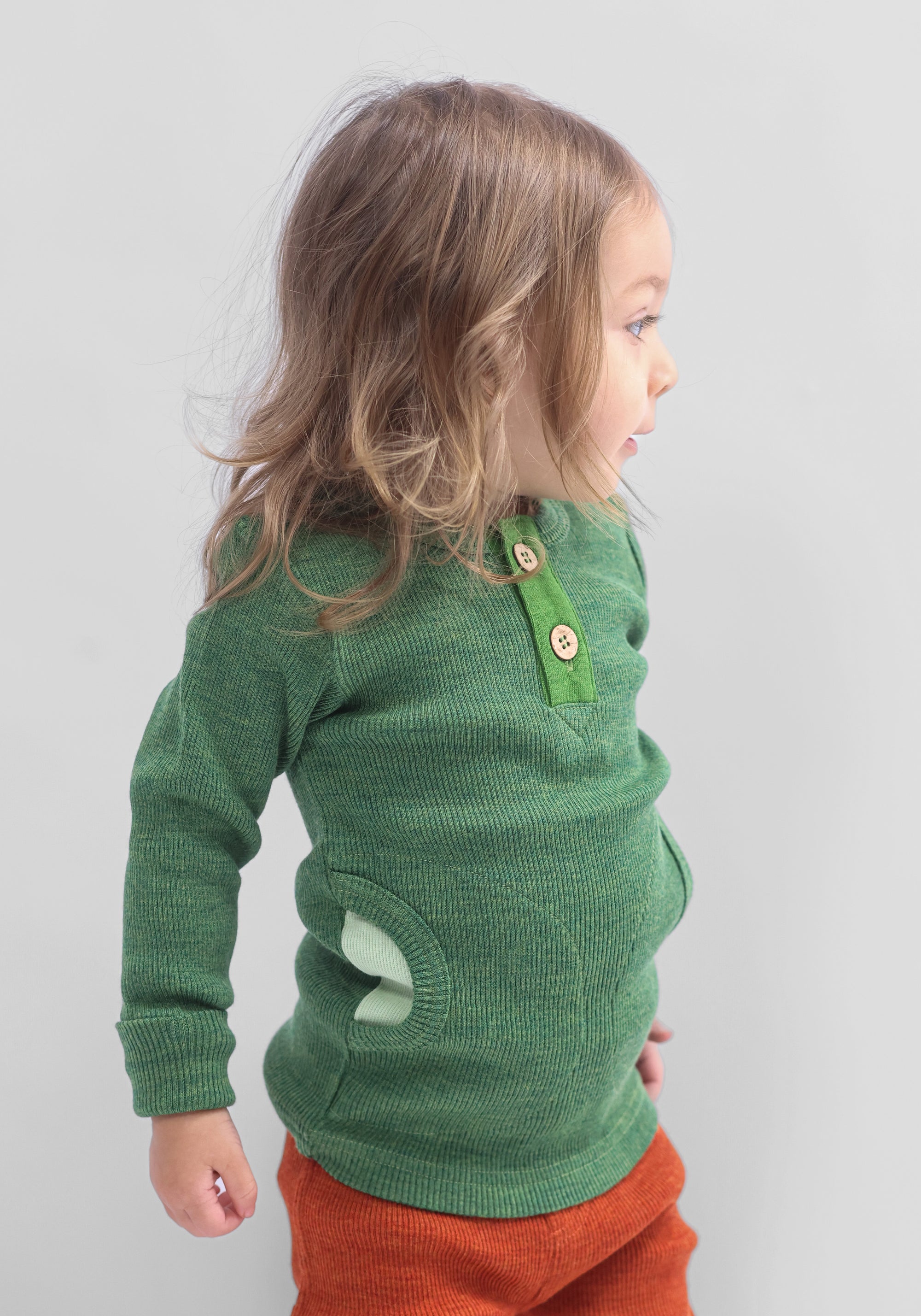 Bluză lână merinos - Henley Pockets Forest Floor Green