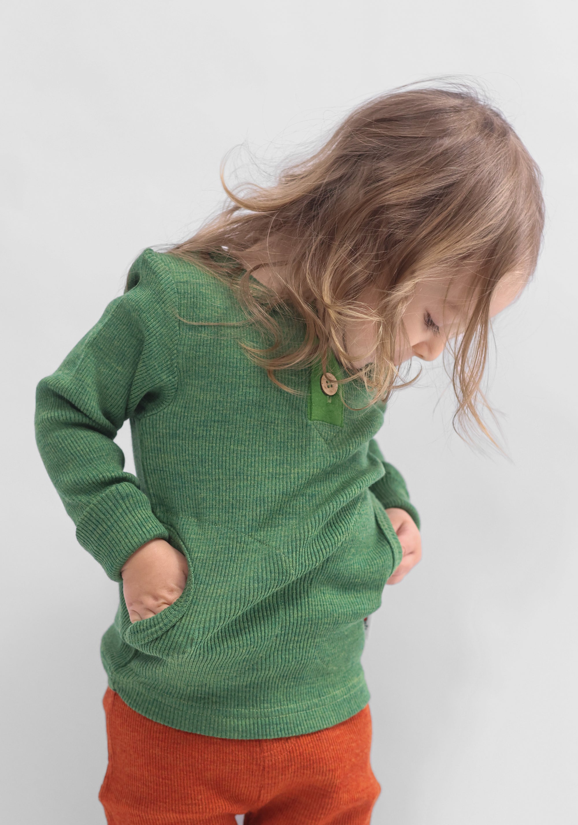 Bluză lână merinos - Henley Pockets Forest Floor Green