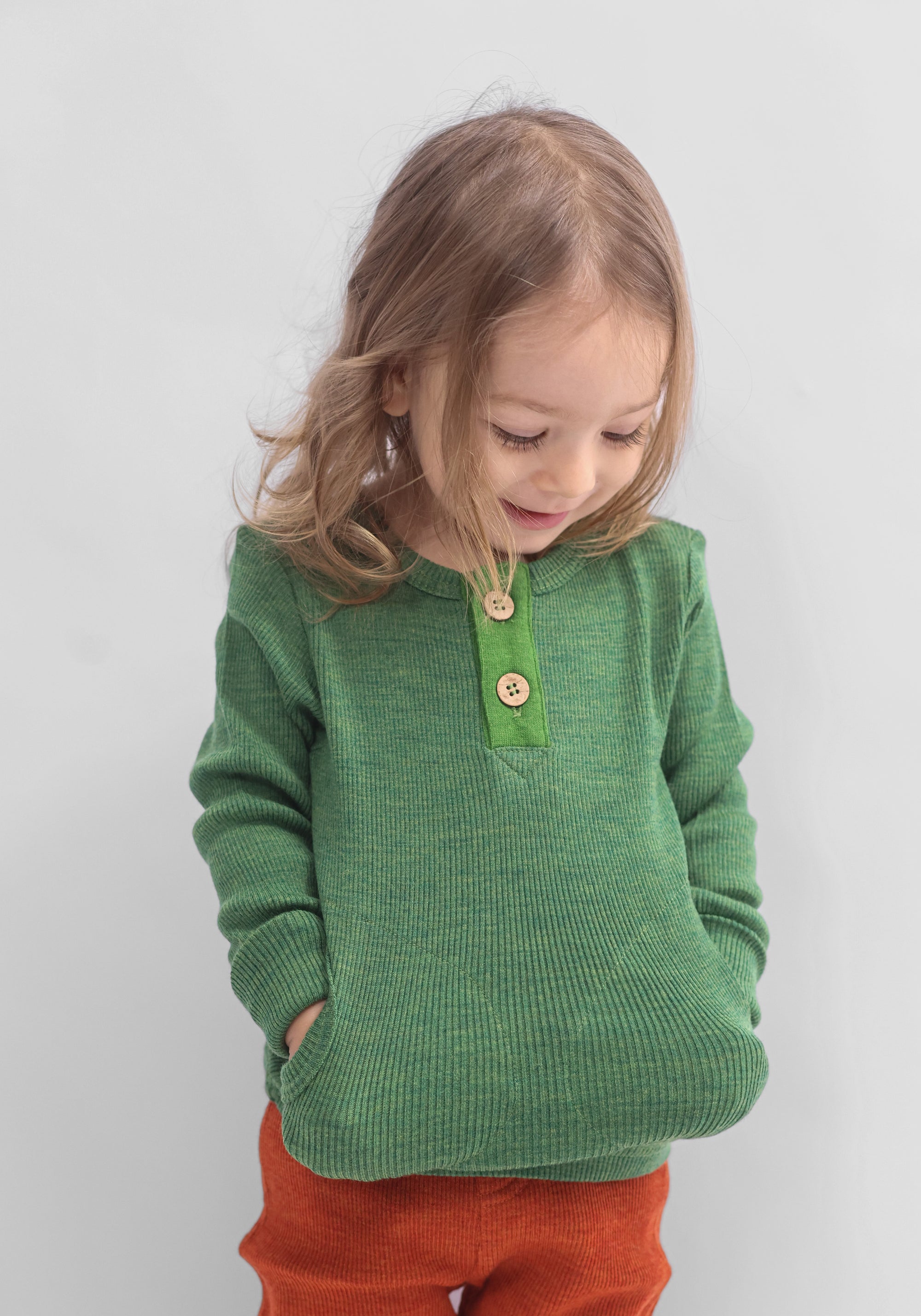 Bluză lână merinos - Henley Pockets Forest Floor Green