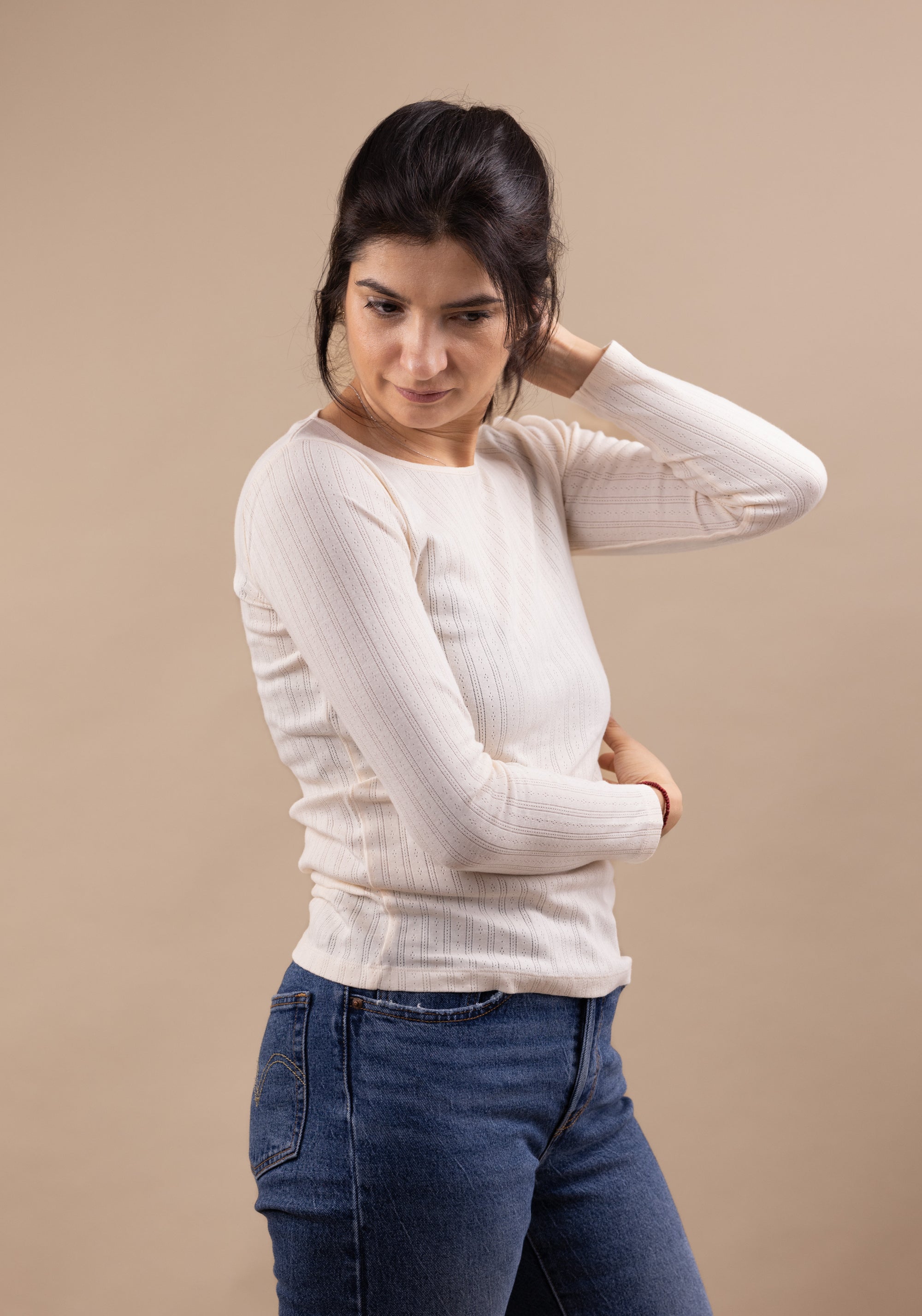 Bluză pointelle rib femei din bumbac - Eglantine Ecru