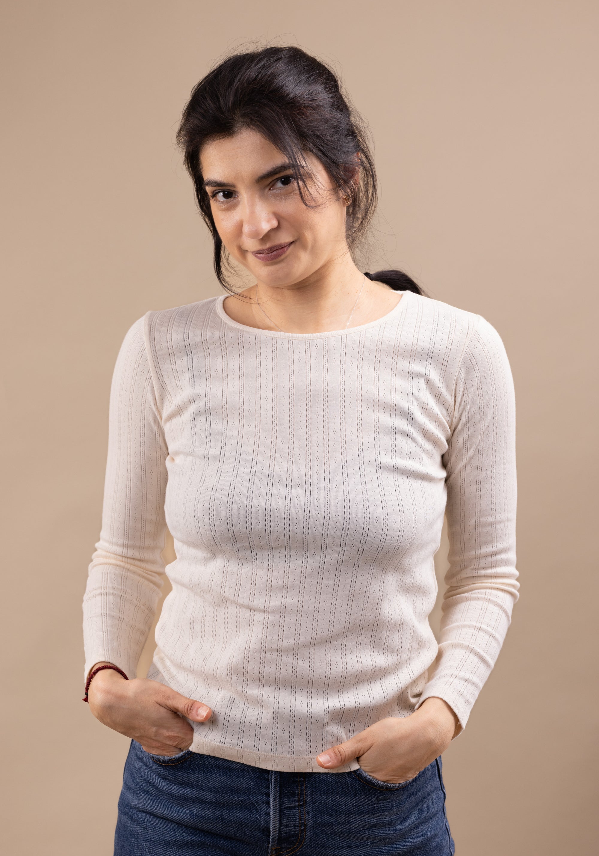 Bluză pointelle rib femei din bumbac - Eglantine Ecru