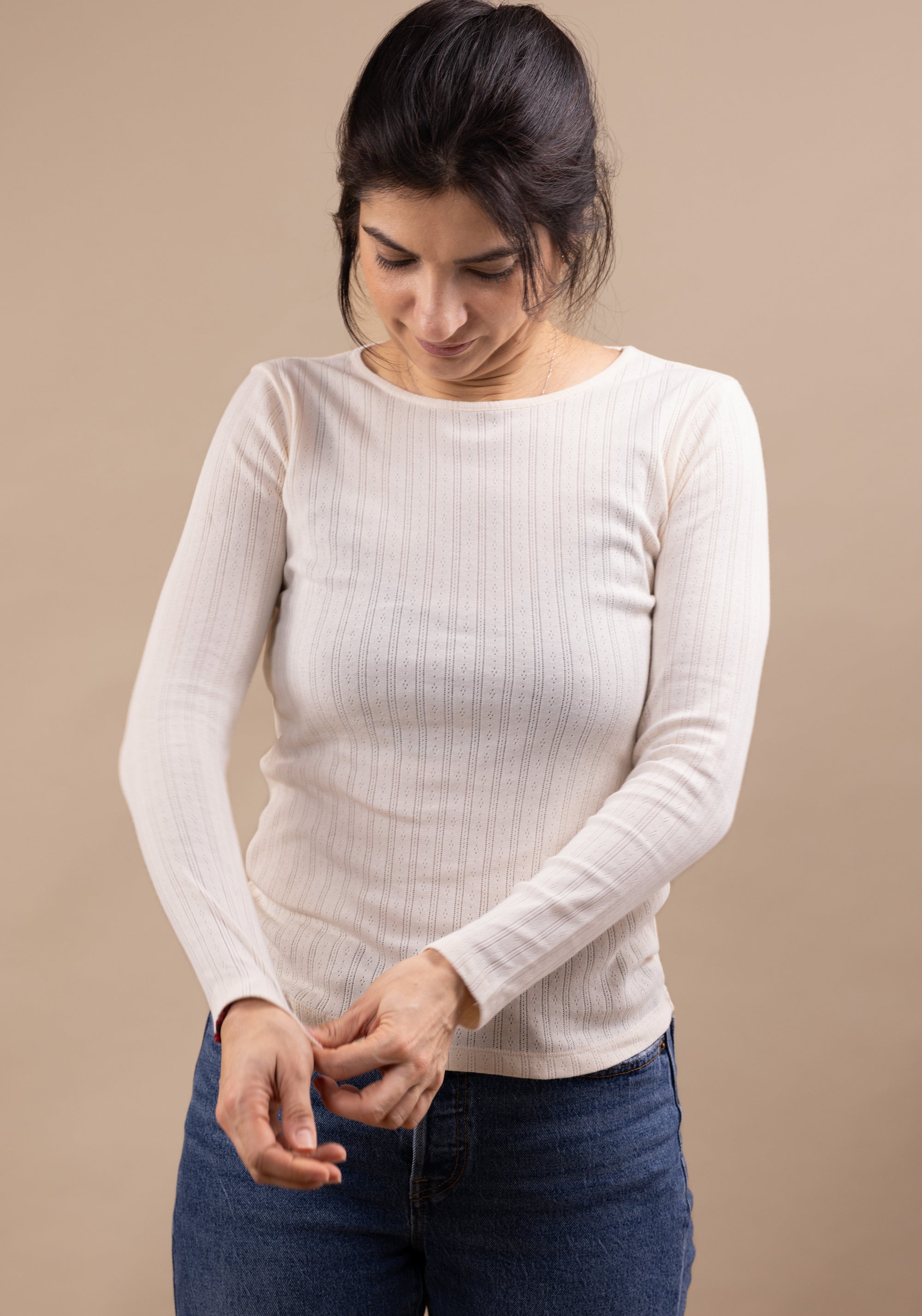 Bluză pointelle rib femei din bumbac - Eglantine Ecru