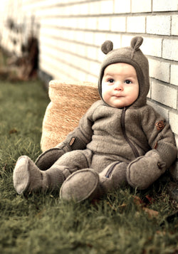 Salopetă cu mănuși și botoși fleece din lână merinos - Teddy Bear Melange Denver