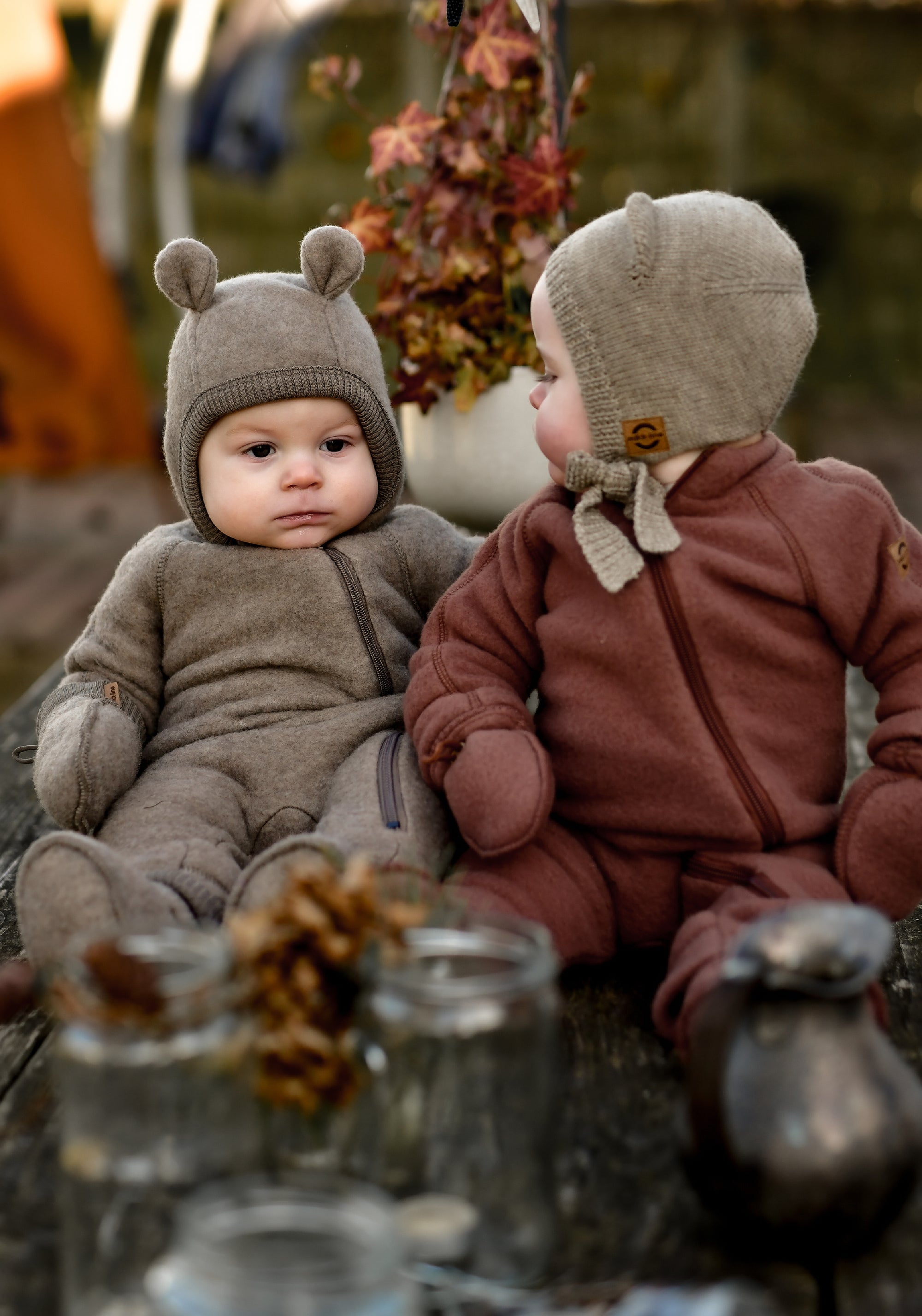 Salopetă cu mănuși și botoși fleece din lână merinos - Teddy Bear Melange Denver