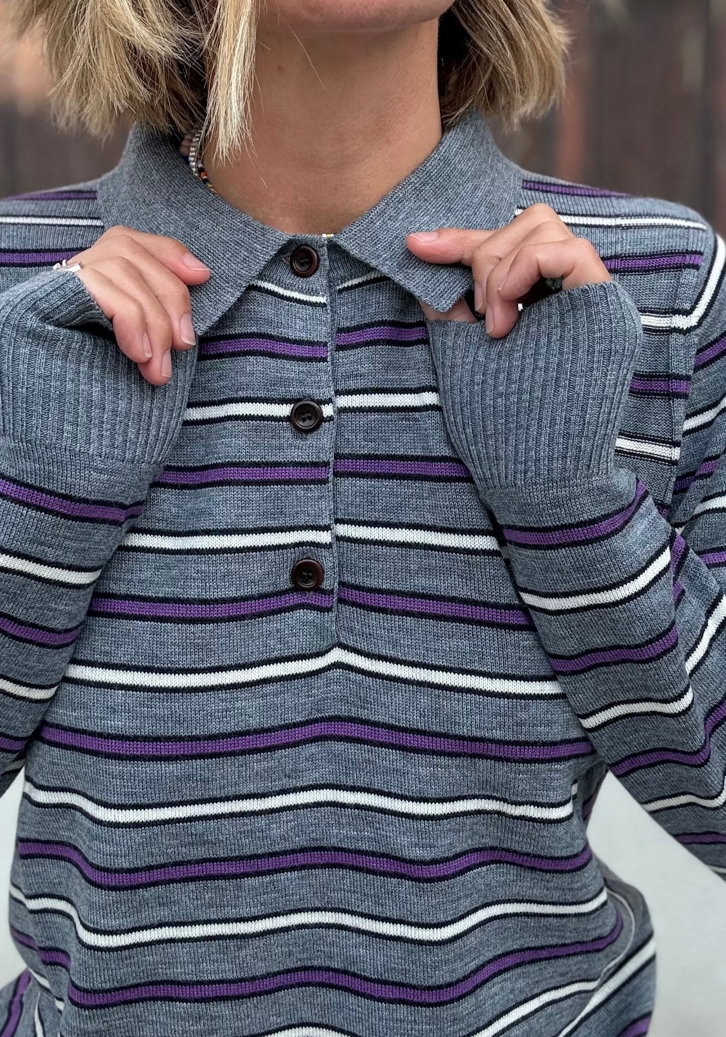 Bluză din lână merinos - Fine knit Steel Melange/Violet