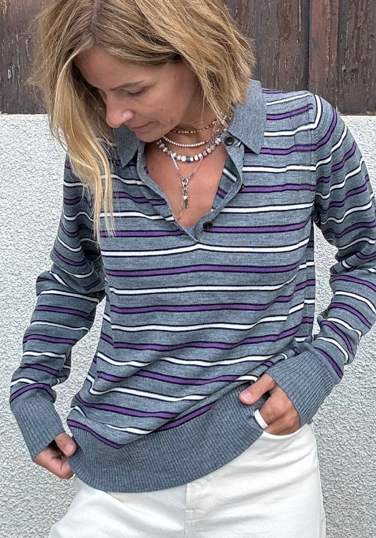 Bluză din lână merinos - Fine knit Steel Melange/Violet