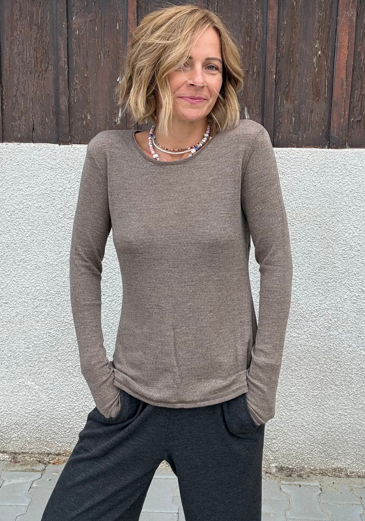 Bluză Eyelet din lână merinos - Vigdis Light Brown Melange
