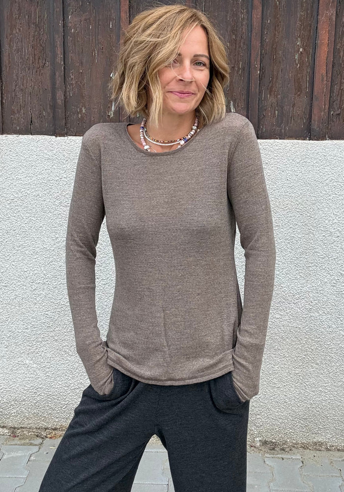 Bluză Eyelet din lână merinos - Vigdis Light Brown Melange
