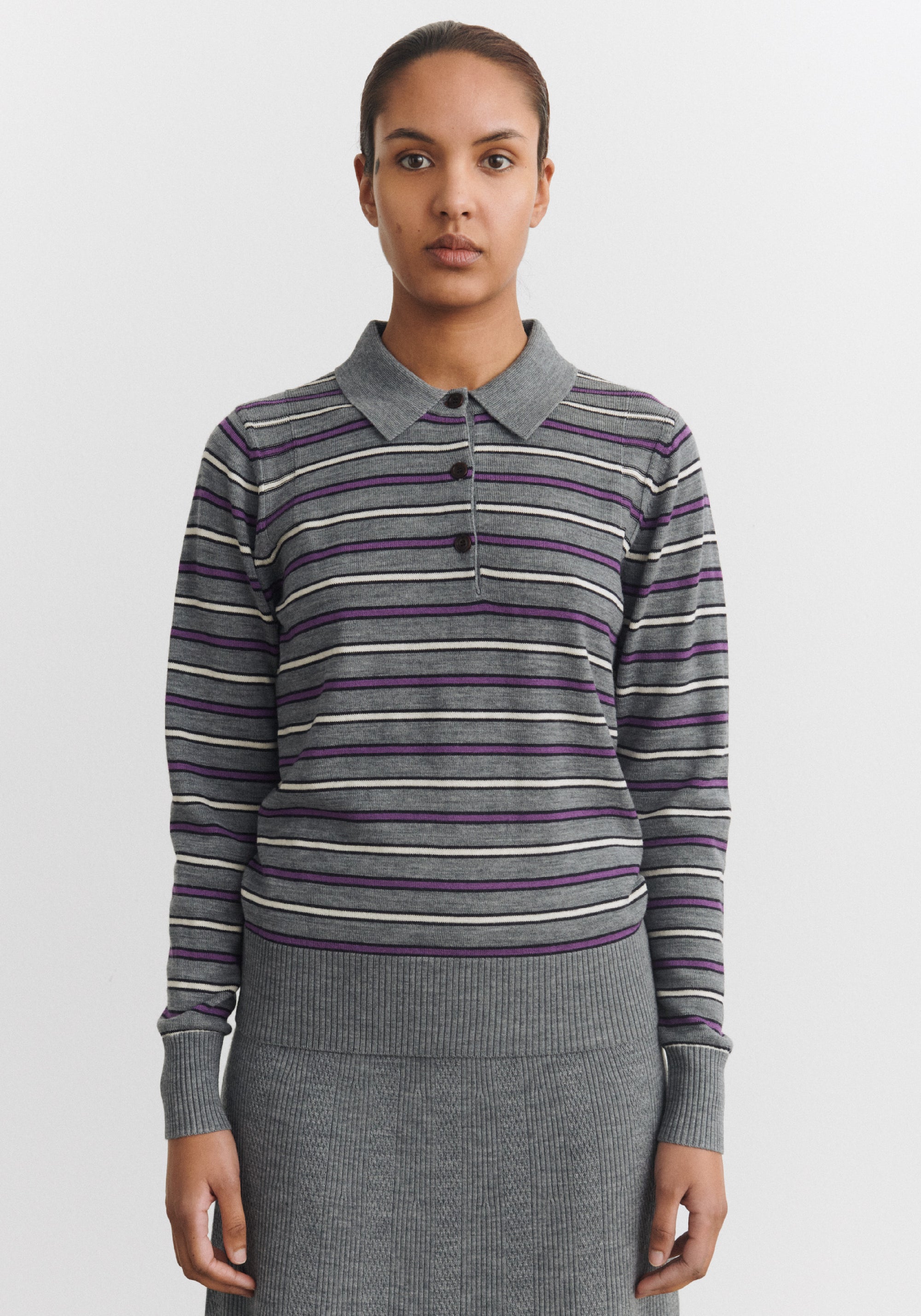 Bluză din lână merinos - Fine knit Steel Melange/Violet