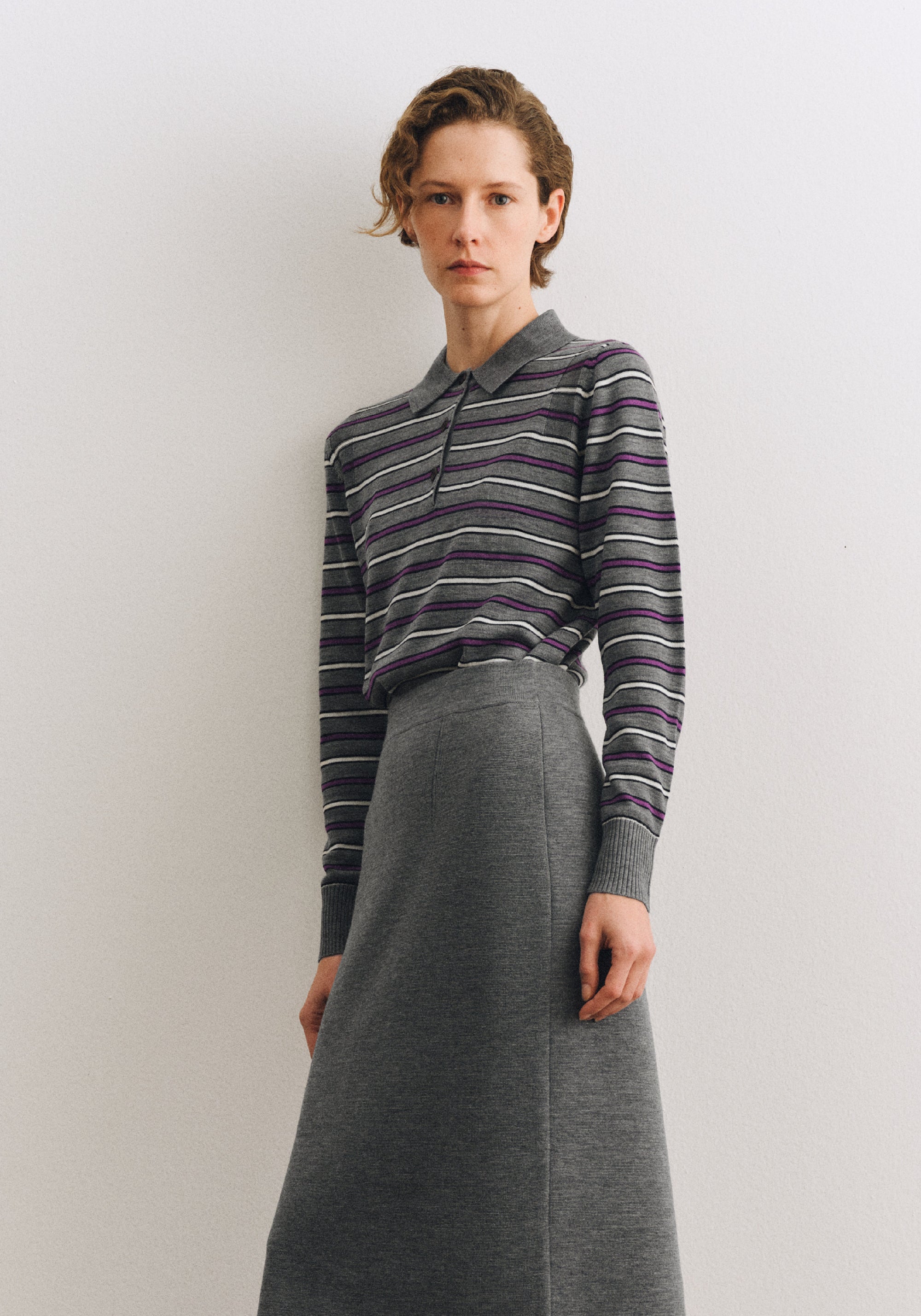 Bluză din lână merinos - Fine knit Steel Melange/Violet