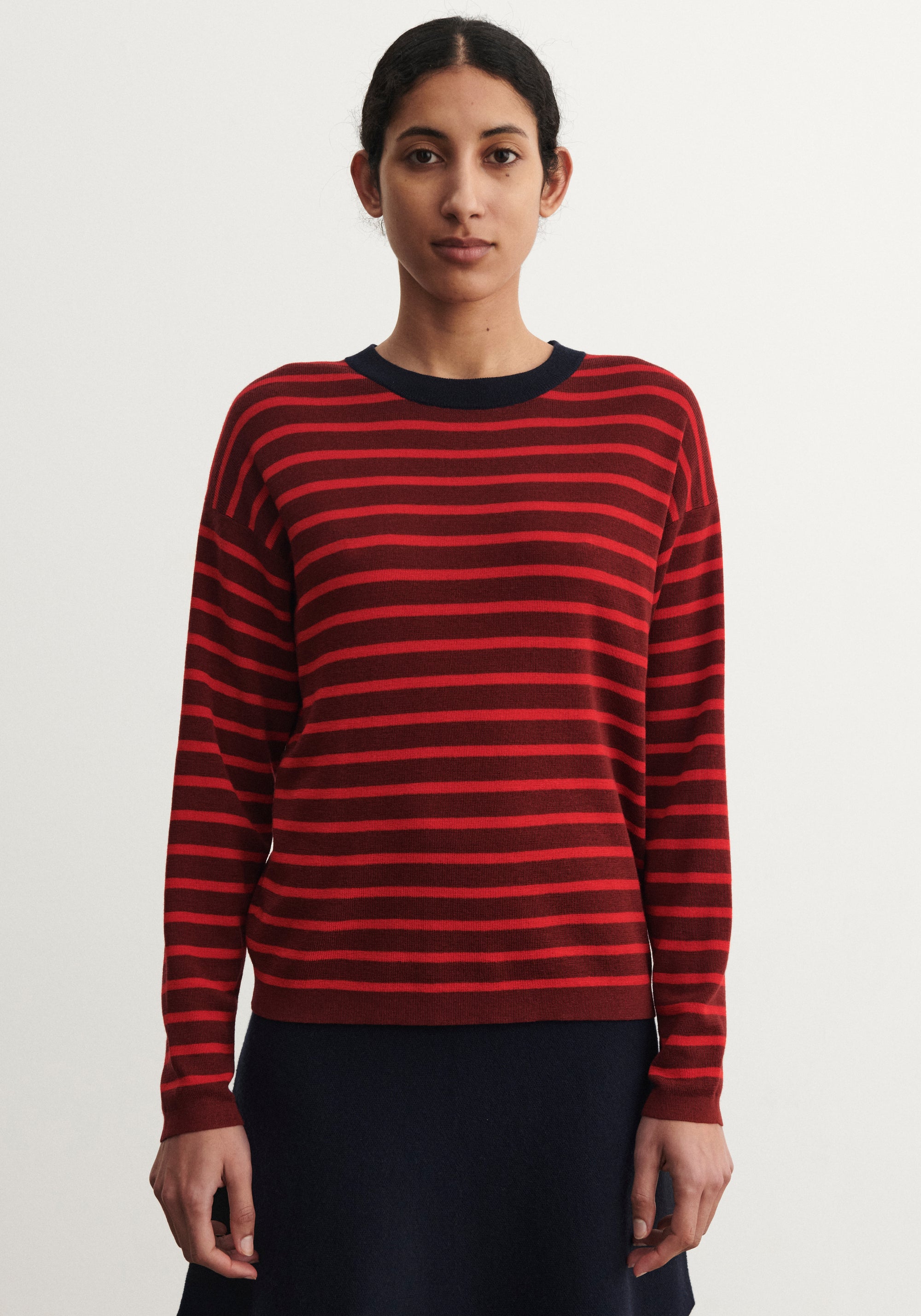 Bluză din lână merinos - Stripe Cranberry/Signal Red