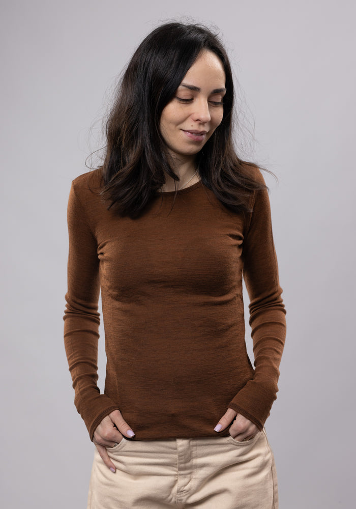 Bluză femei din lână merinos - Cognac Melange