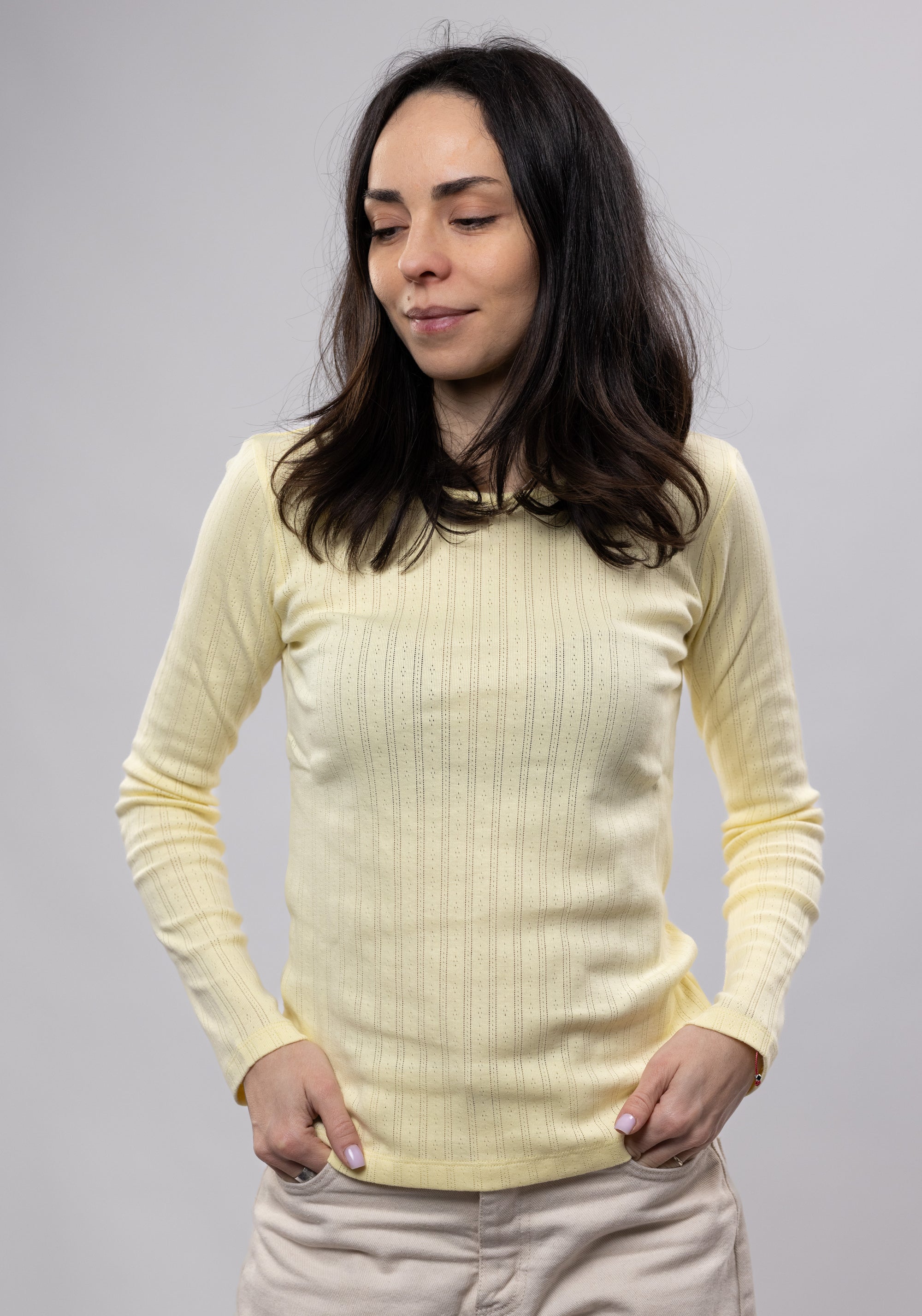 Bluză pointelle rib femei din bumbac - Eglantine Pastel Yellow