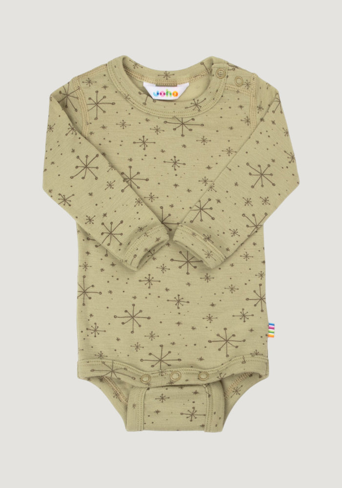 Body din lână merinos - Handdrawn Snowflake Light Olive