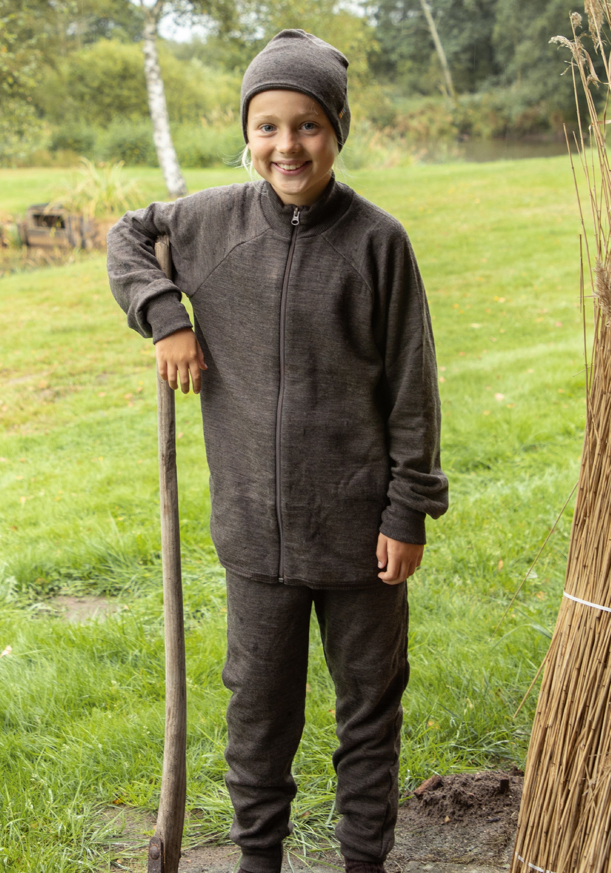 Pantaloni brushed din lână merinos - Brown Melange