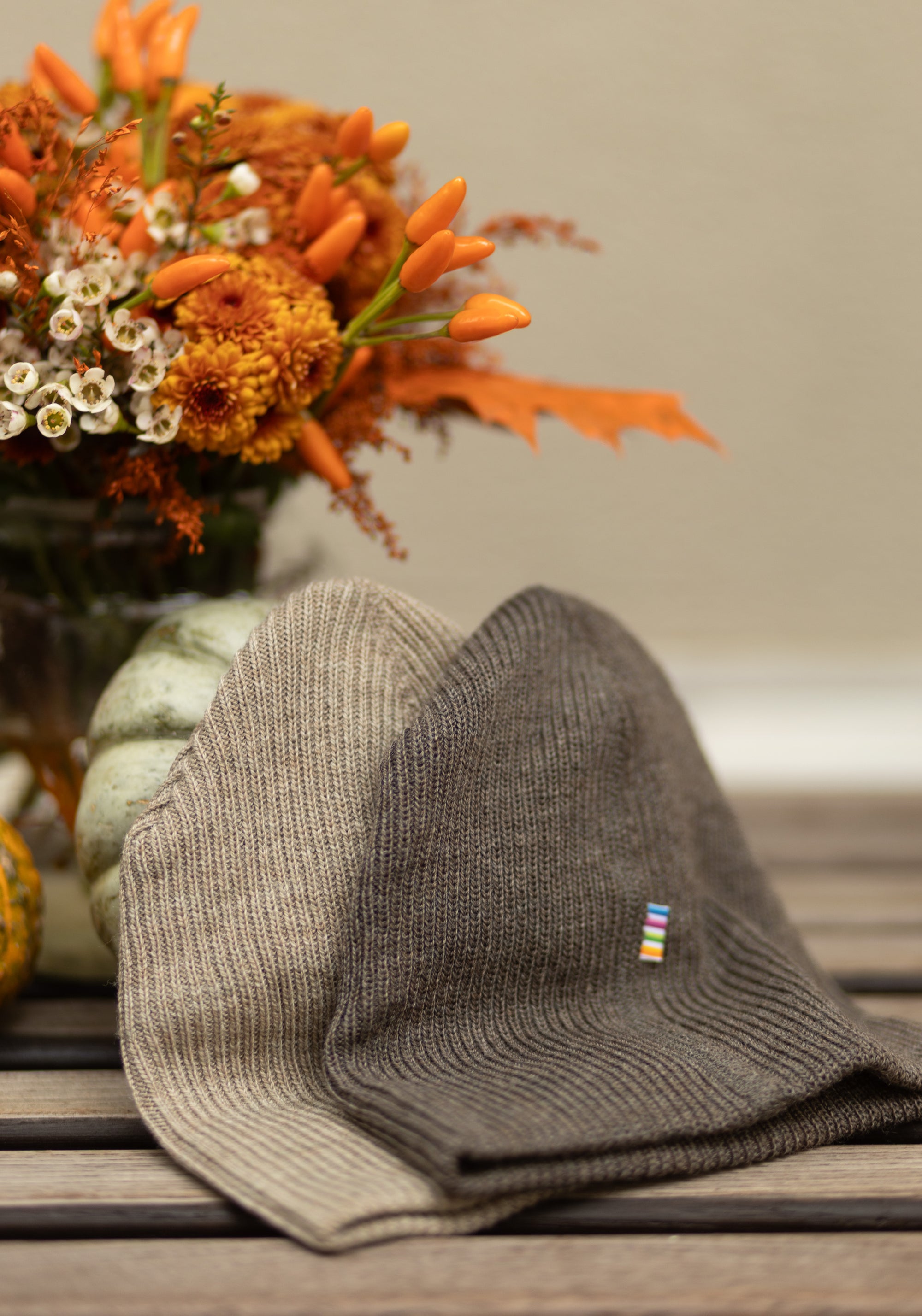 Căciulă dublată din lână merinos - Rib Beige Melange