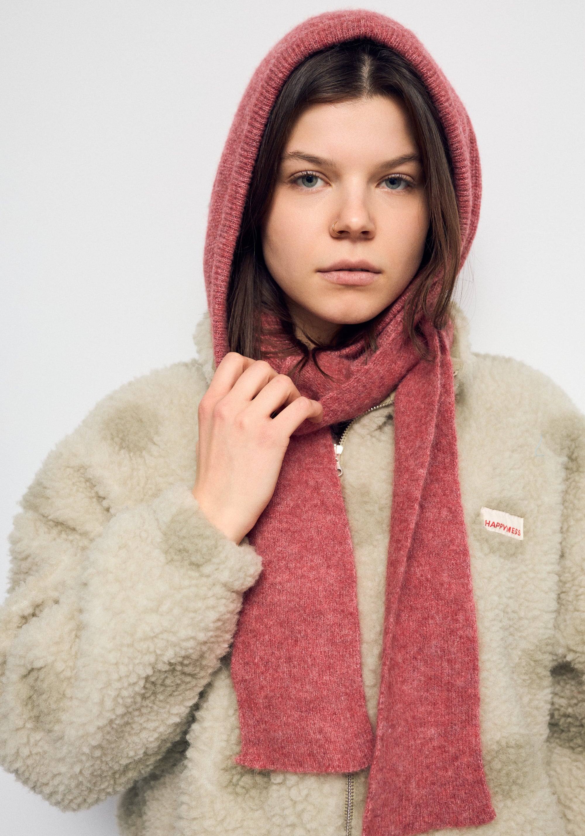 Cagulă cu fular din alpaca - Dusty Rose