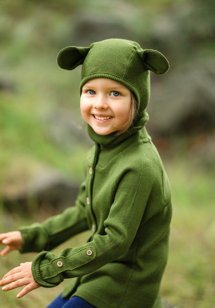 Cagulă din lână merinos - Teddy Bear Garden Moss Green