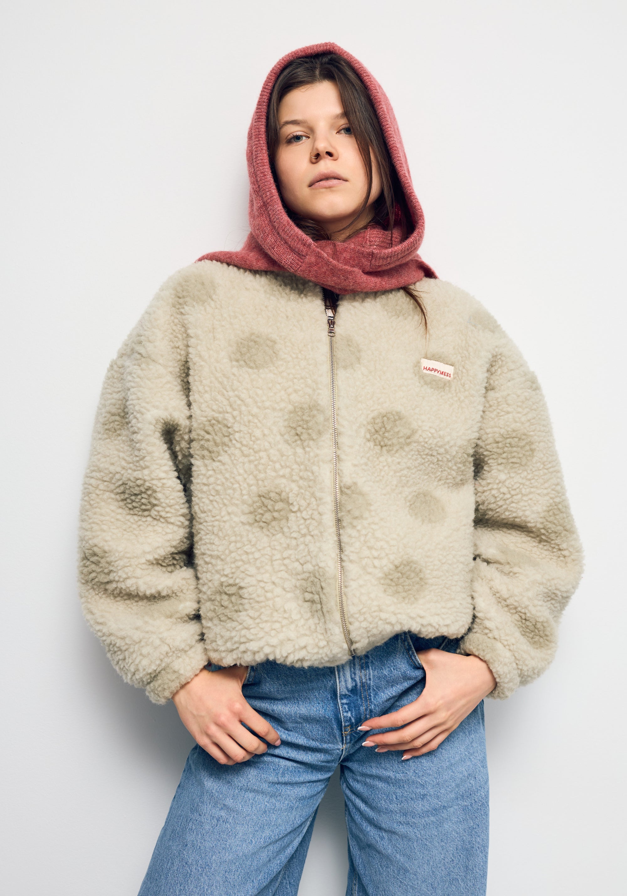 Jachetă bomber oversize fleece din lână merinos - Teddy Polka Dots