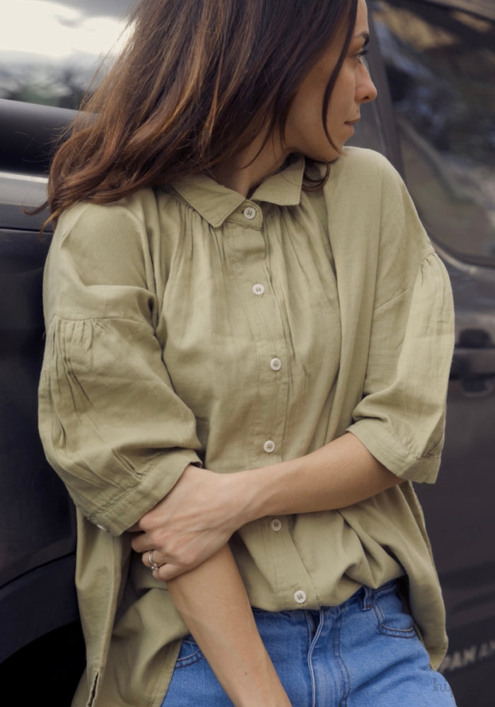 Cămașă femei din muselină dublă de bumbac - Neotine Olive Gray