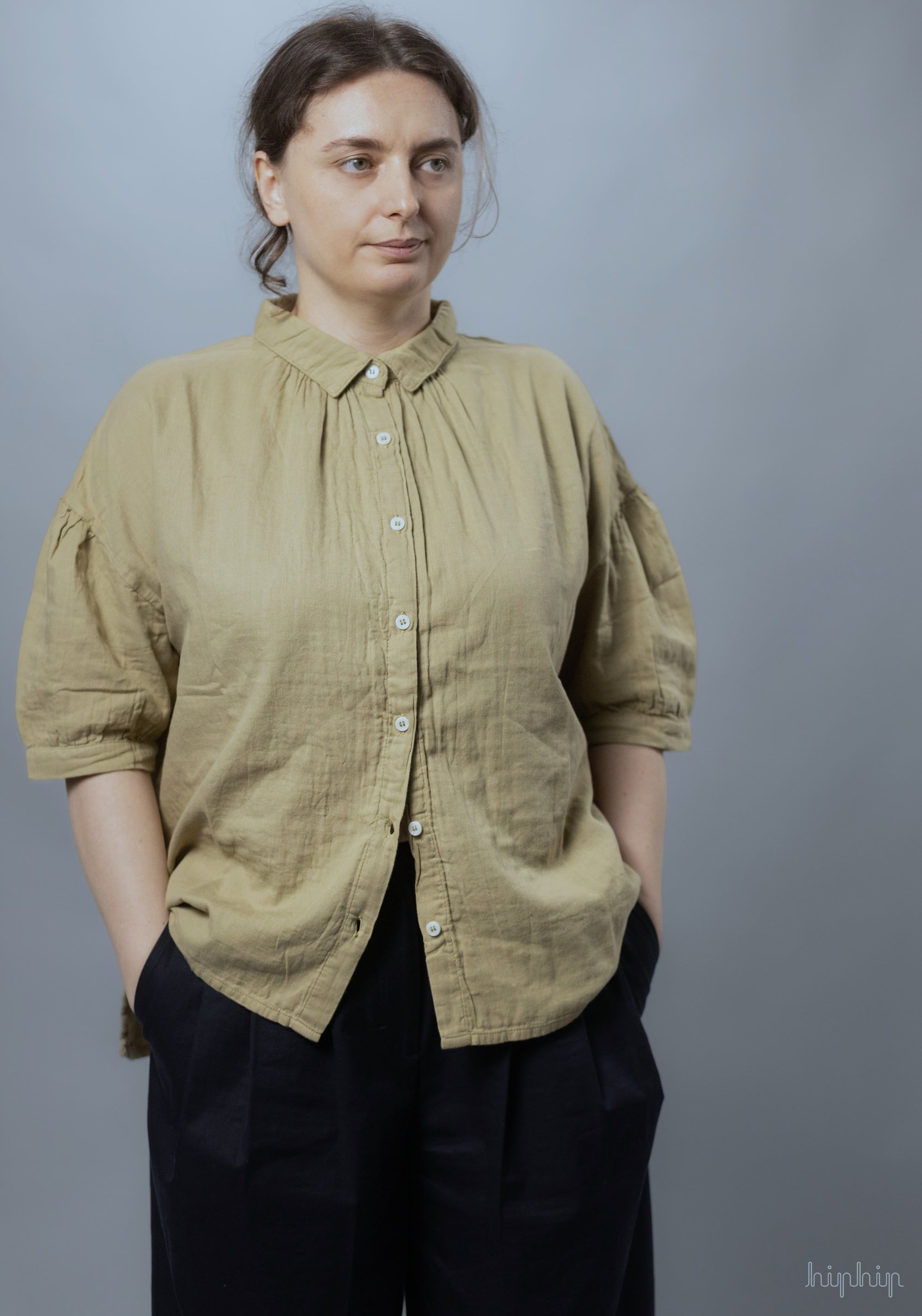 Cămașă femei din muselină dublă de bumbac - Neotine Olive Gray