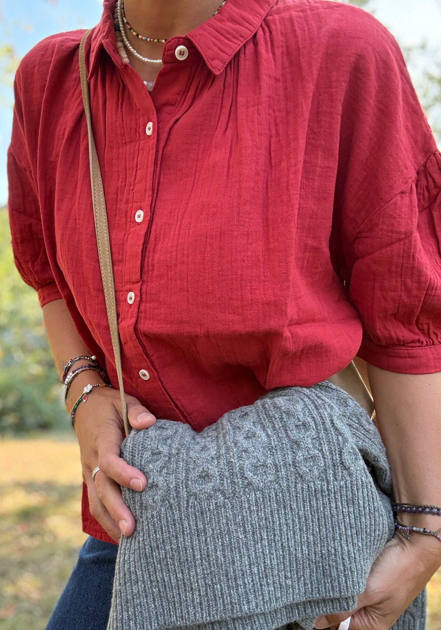 Cămașă muselină dublă din bumbac - Neotine Equestrian Red