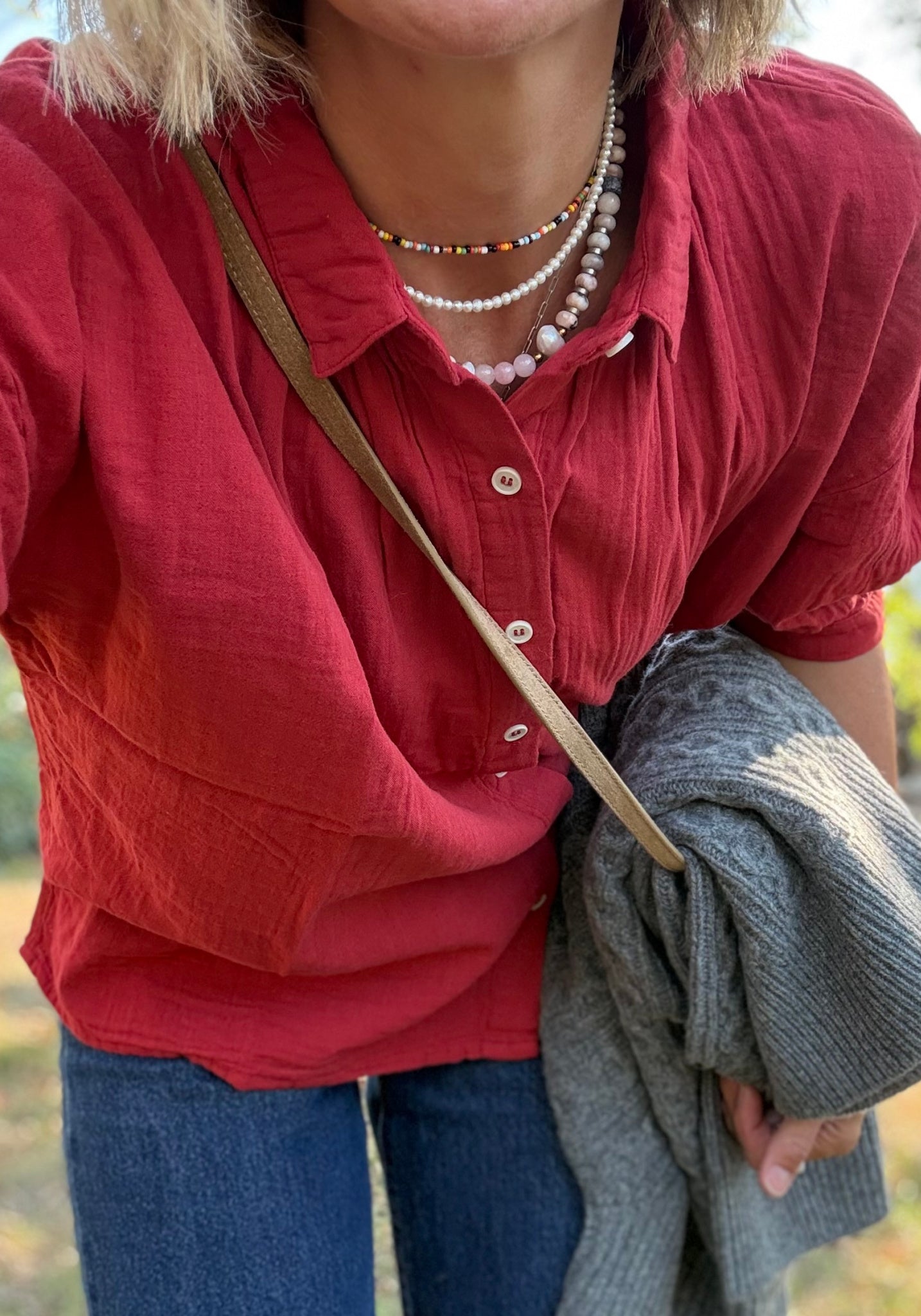 Cămașă muselină dublă din bumbac - Neotine Equestrian Red