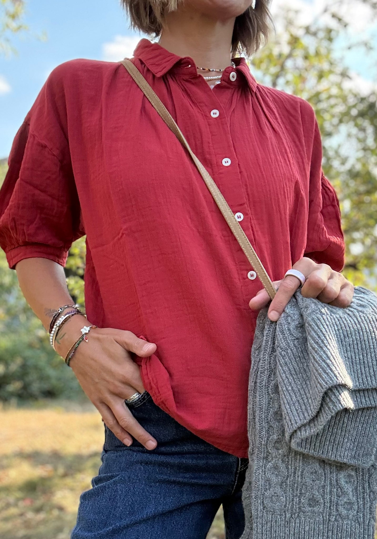 Cămașă muselină dublă din bumbac - Neotine Equestrian Red