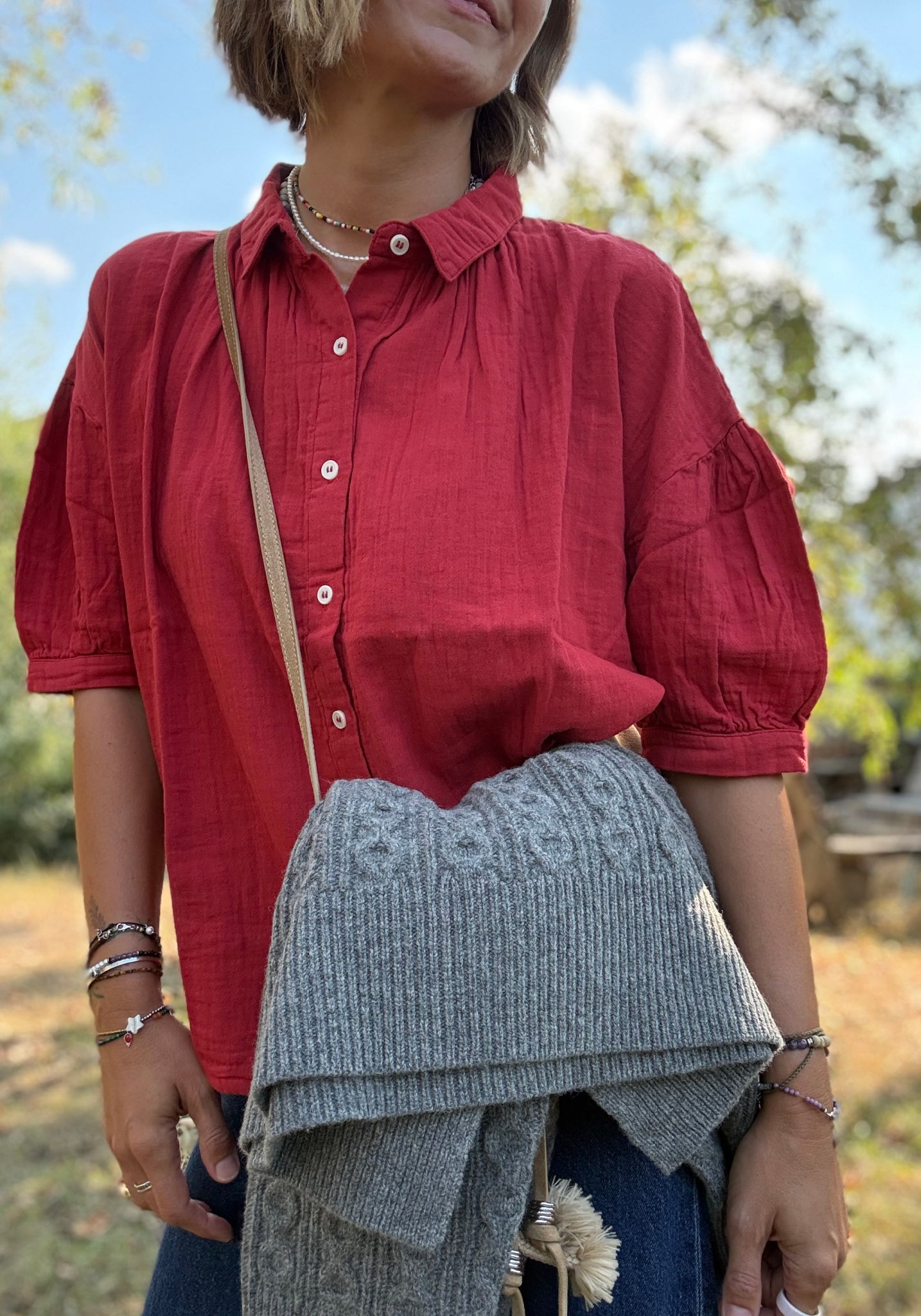 Cămașă muselină dublă din bumbac - Neotine Equestrian Red
