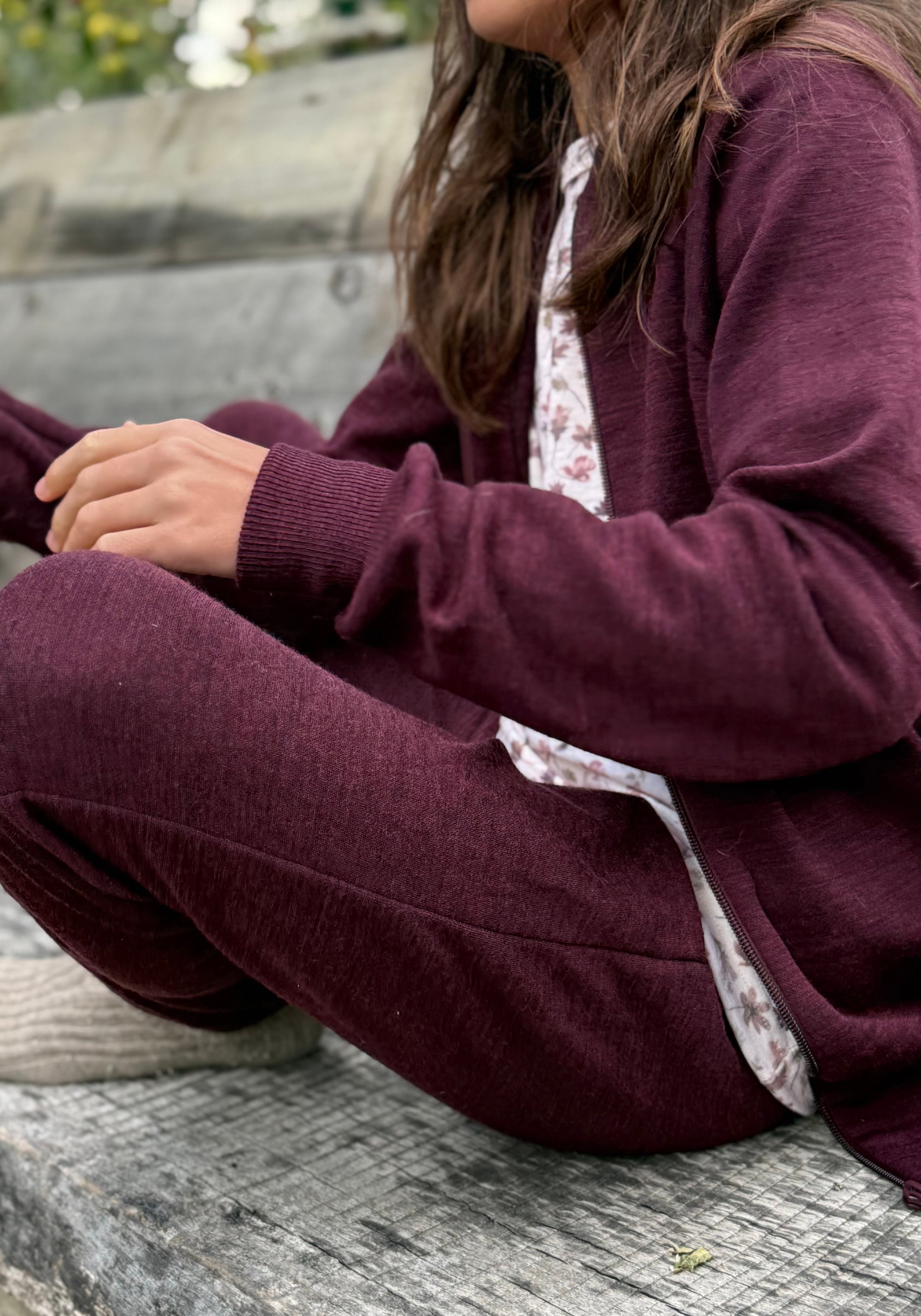 Pantaloni brushed din lână merinos - Aubergine