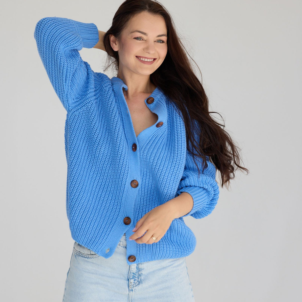 Cardigan Chunky tricotat femei din bumbac - Cornflower | HipHip