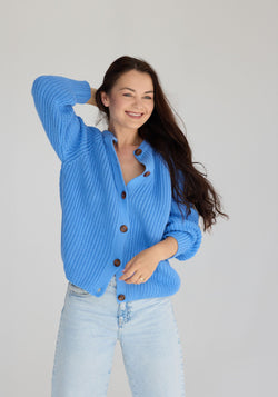 Cardigan Chunky tricotat femei din bumbac - Cornflower