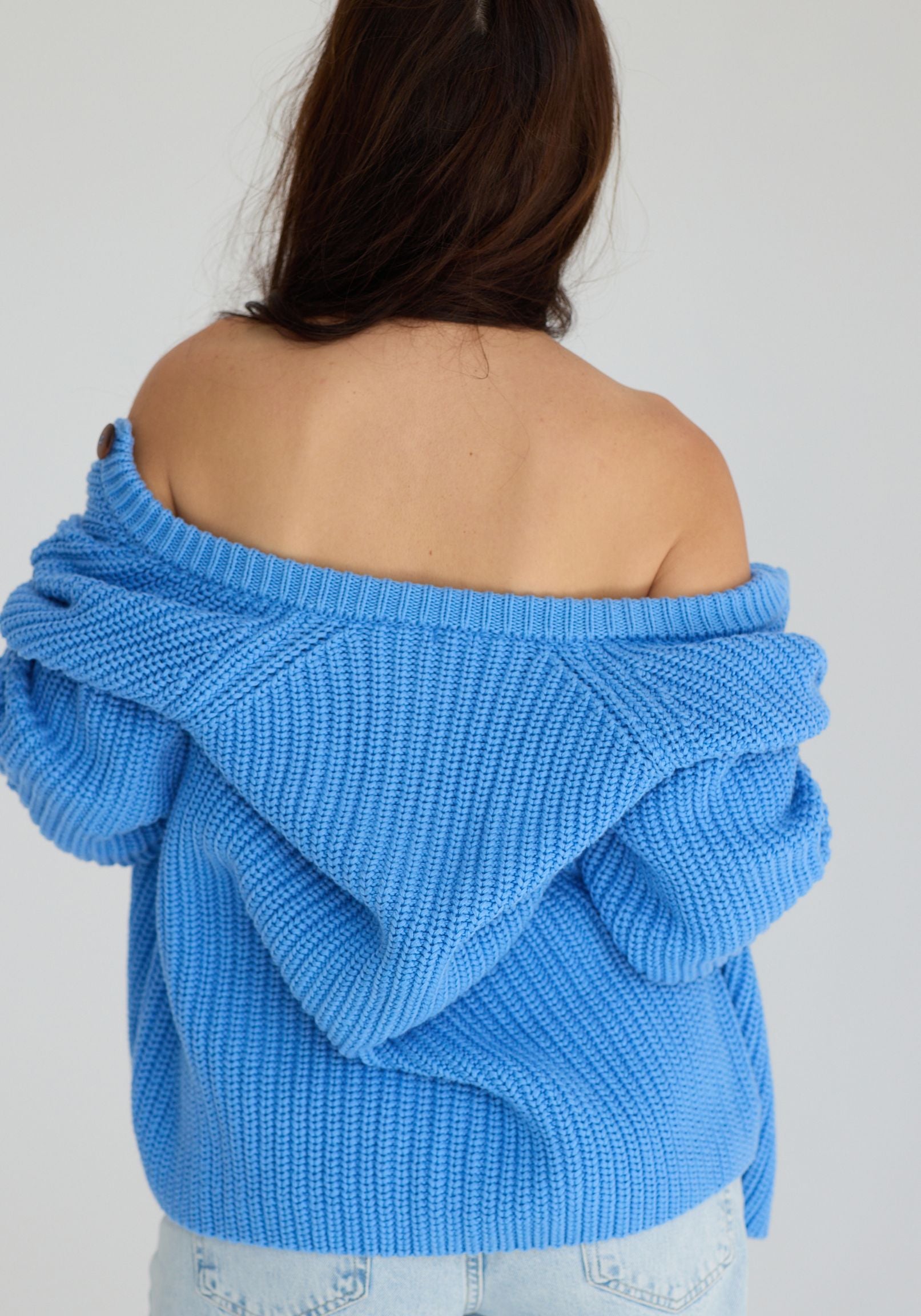 Cardigan Chunky tricotat femei din bumbac - Cornflower