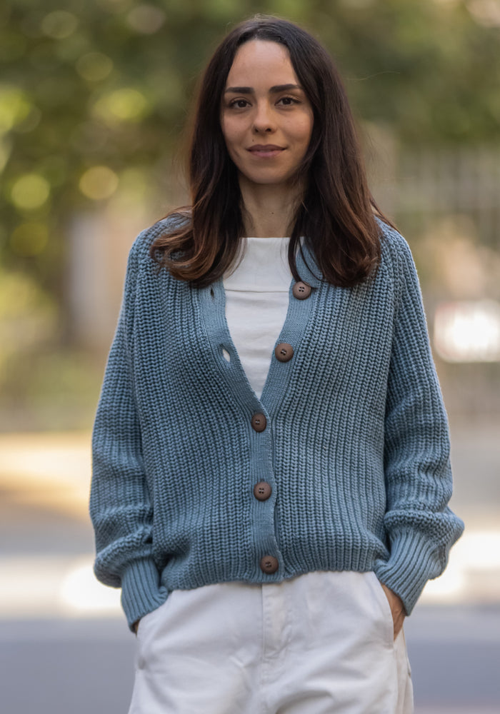 Cardigan Chunky tricotat femei din bumbac - Stone Blue
