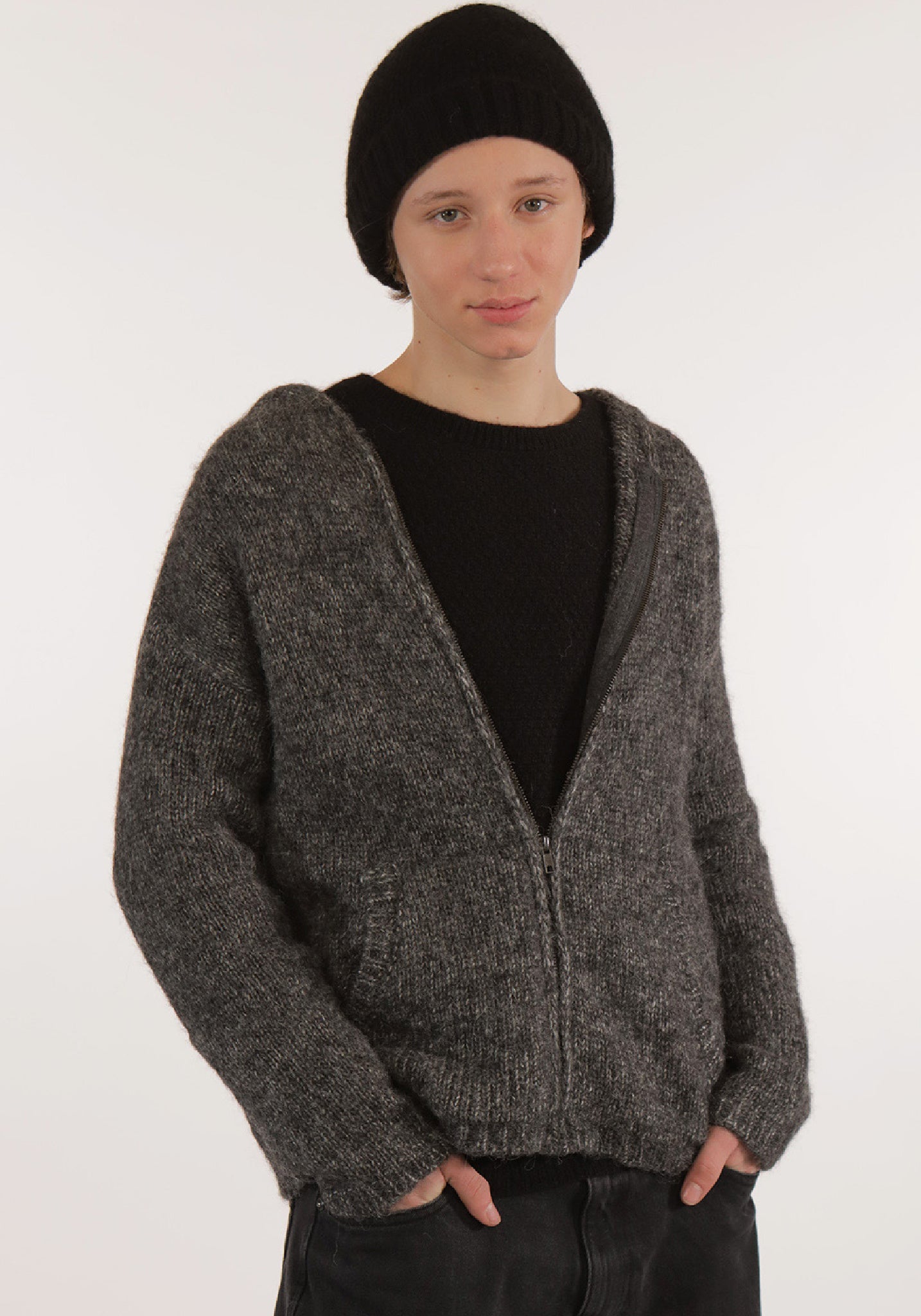 Cardigan cu glugă unisex din alpaca și bumbac Pima - Diamant Anthracite