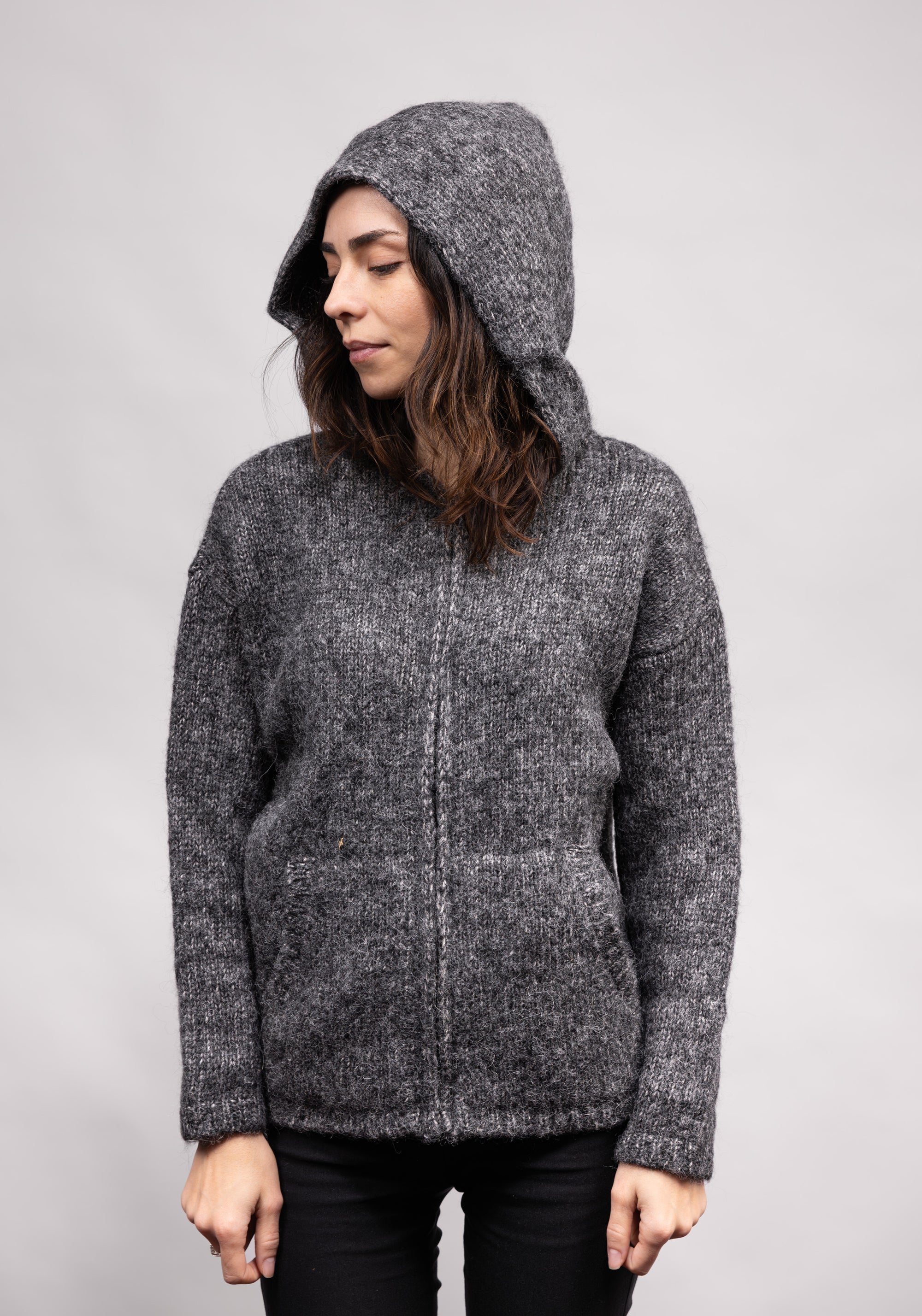 Cardigan cu glugă unisex din alpaca și bumbac Pima - Diamant Anthracite