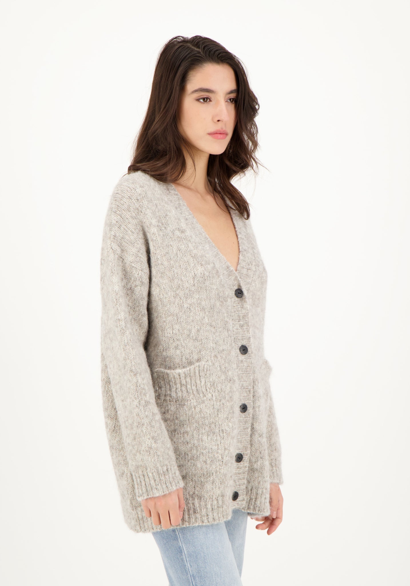 Cardigan femei din alpaca și bumbac Pima - Derya Light Grey Les Racines du Ciel HipHip.ro