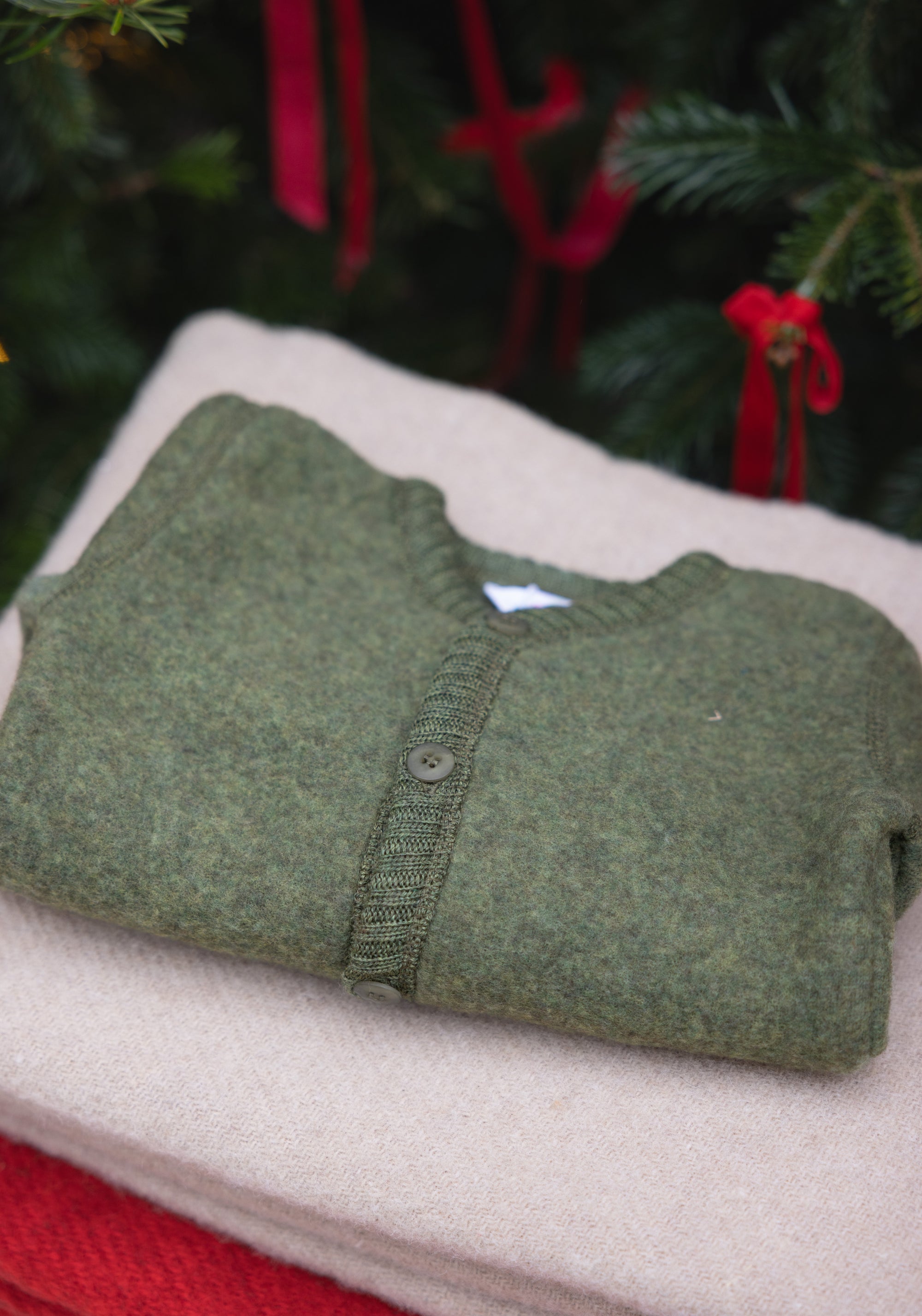 Cardigan fleece din lână merinos - Dark Olive