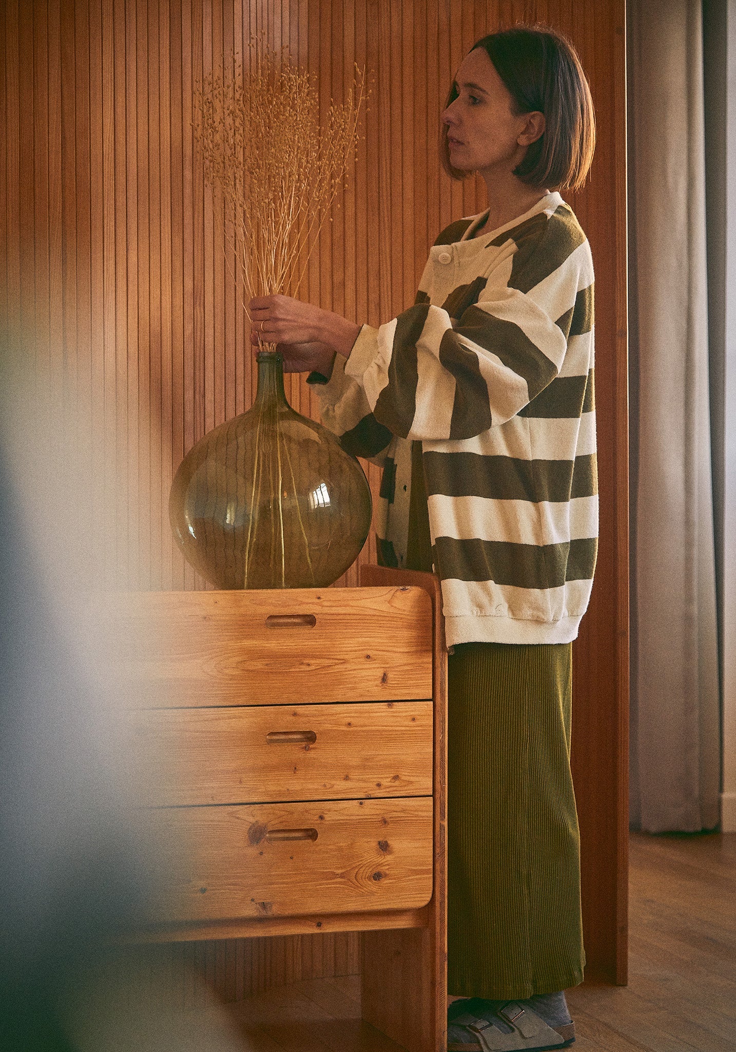 Cardigan terry femei din bumbac - Brunelle Stripe Fir Green XS