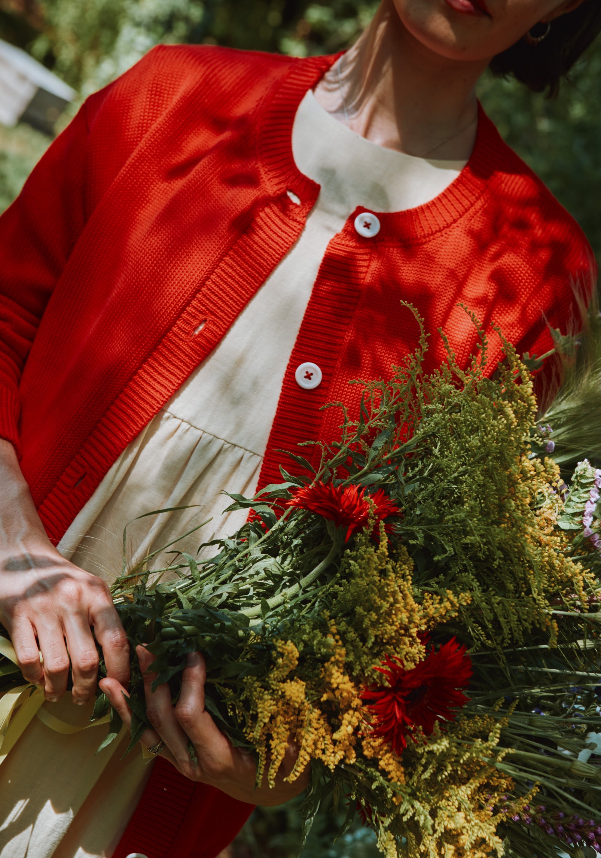Cardigan tricotat din bumbac - Petale Coral Red