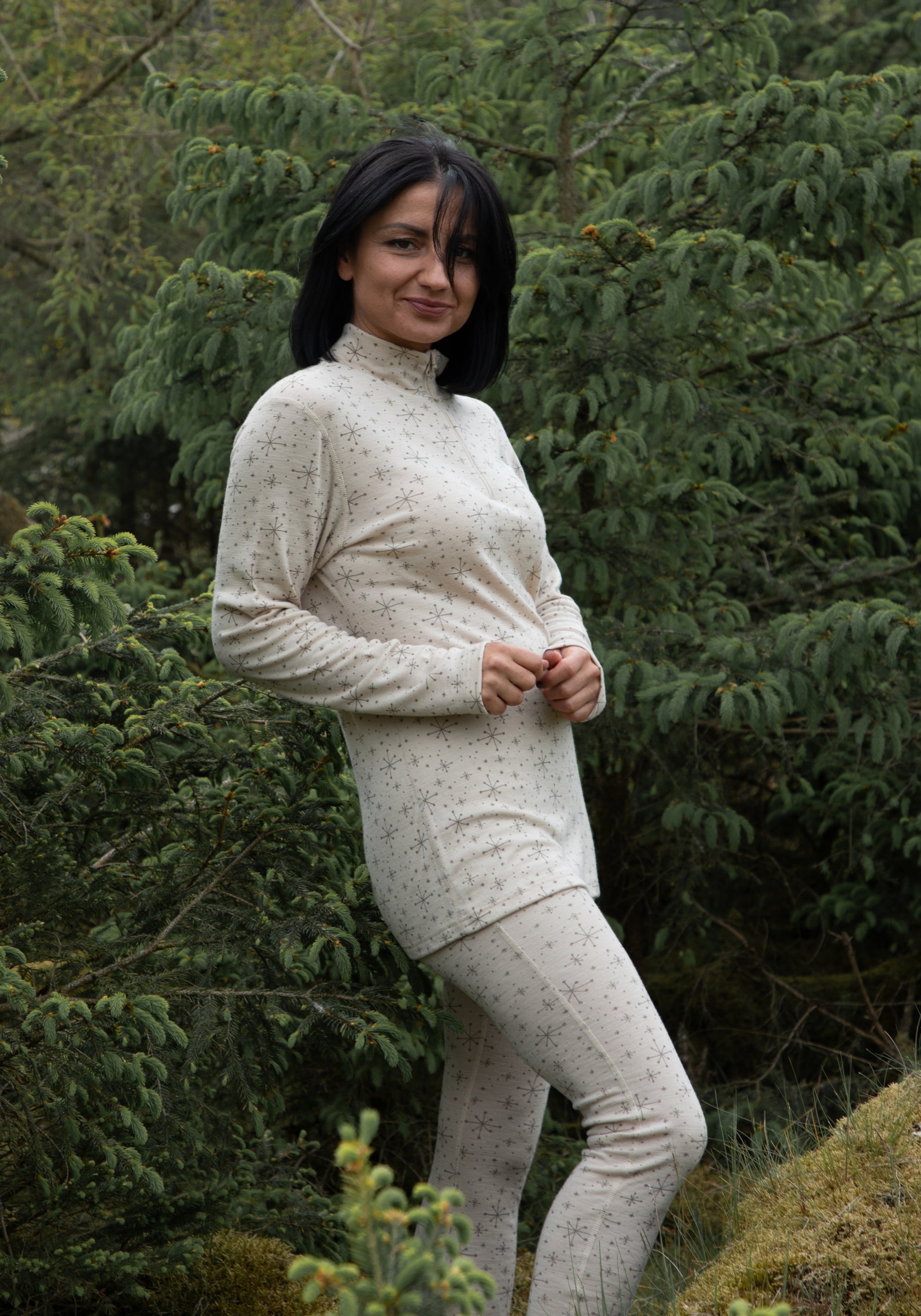 Colanți femei din lână merinos - Handdrawn Snowflake Beige