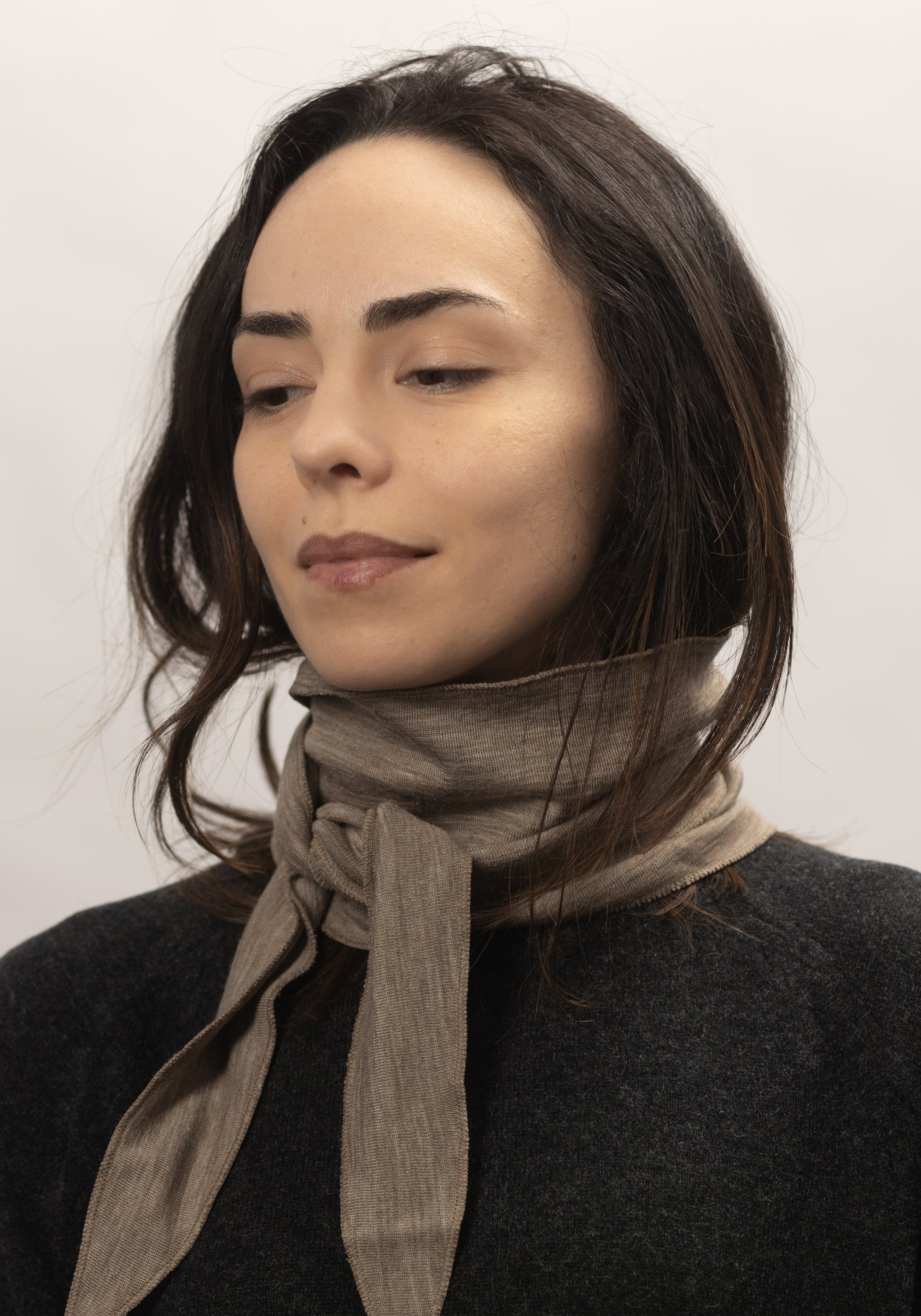 Eșarfă dublată din lână merinos și mătase - Beige Melange