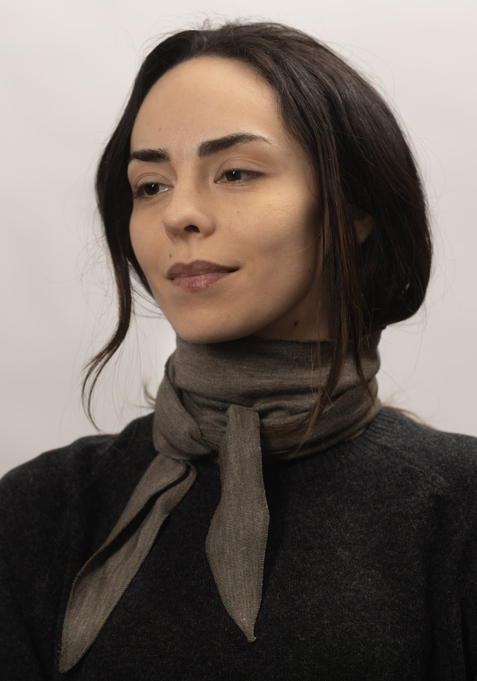 Eșarfă dublată din lână merinos și mătase - Brown Melange