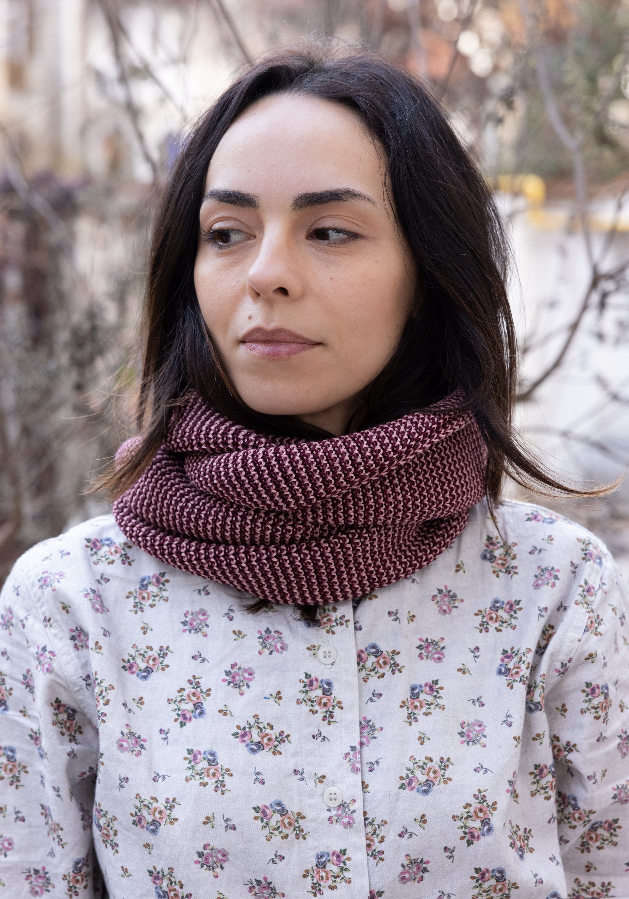 Fular circular adulți din lână merinos - Cassis/Soft Pink